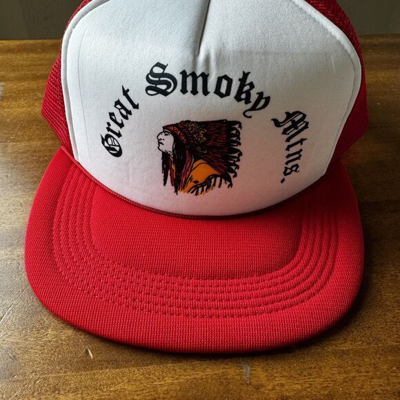 Great Smoky Mountains Vntg SnapBack Trucker Hat Red White Foam & Mesh Deadstock - Picture 1 of 6